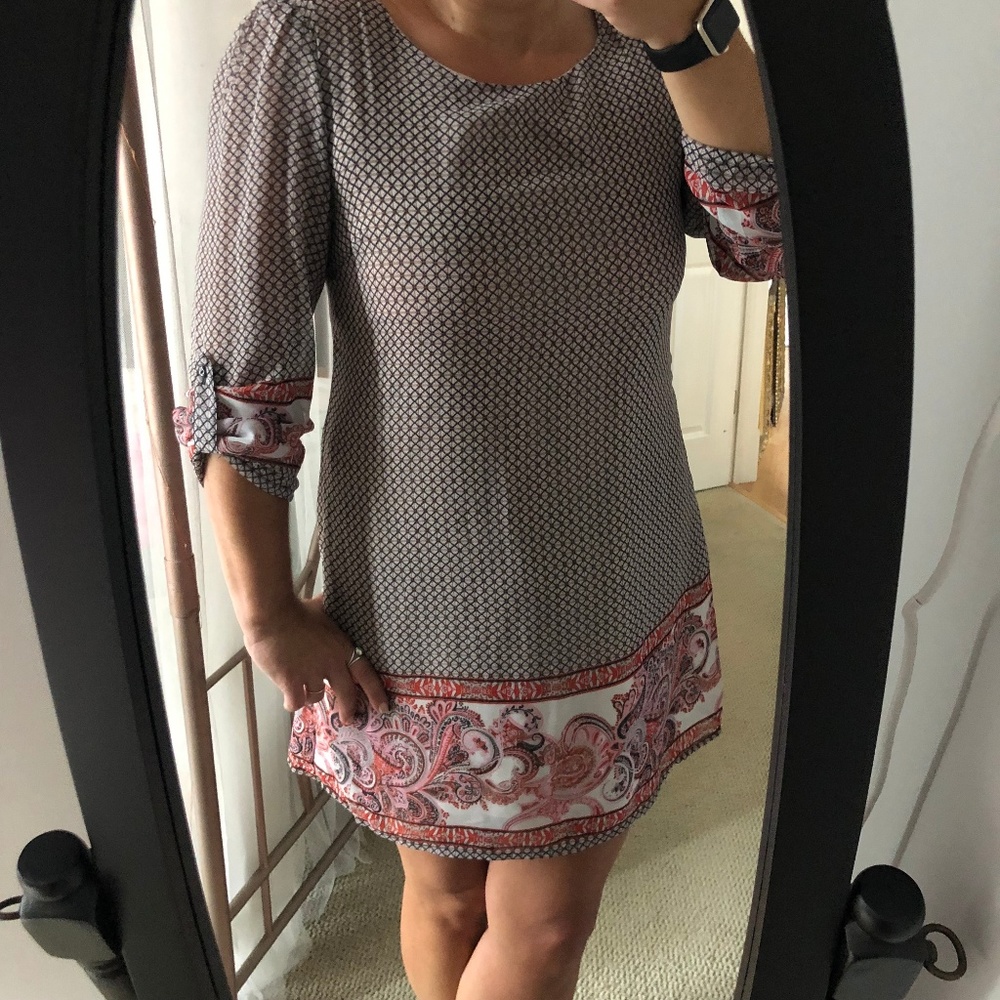 Pattern Shift Dress with Puff Button Up Sleeves XL